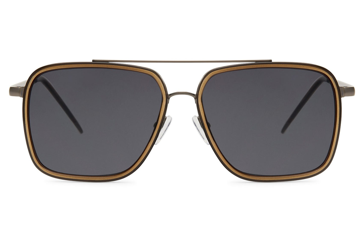 Square aviator sunglasses with black frame and tinted lenses, offering a versatile and timeless everyday look