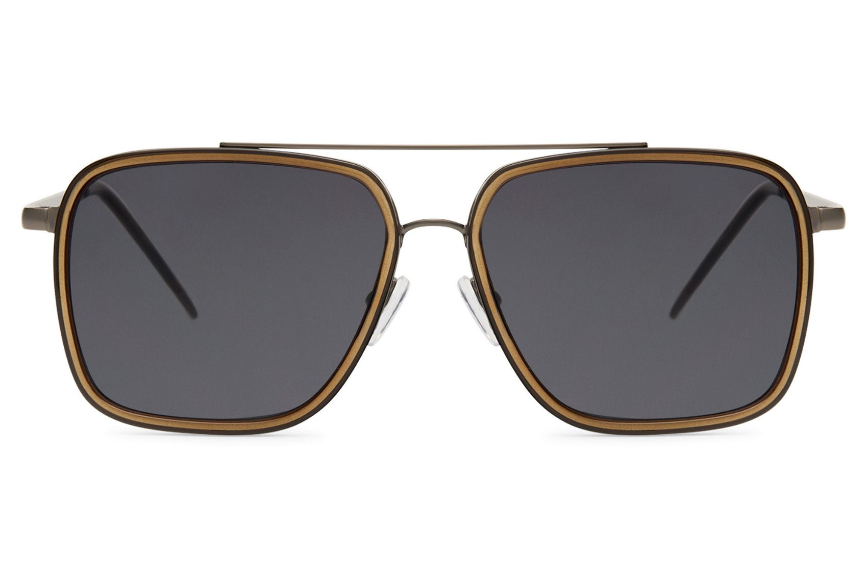 Square aviator sunglasses with black frame and tinted lenses, offering a versatile and timeless everyday look