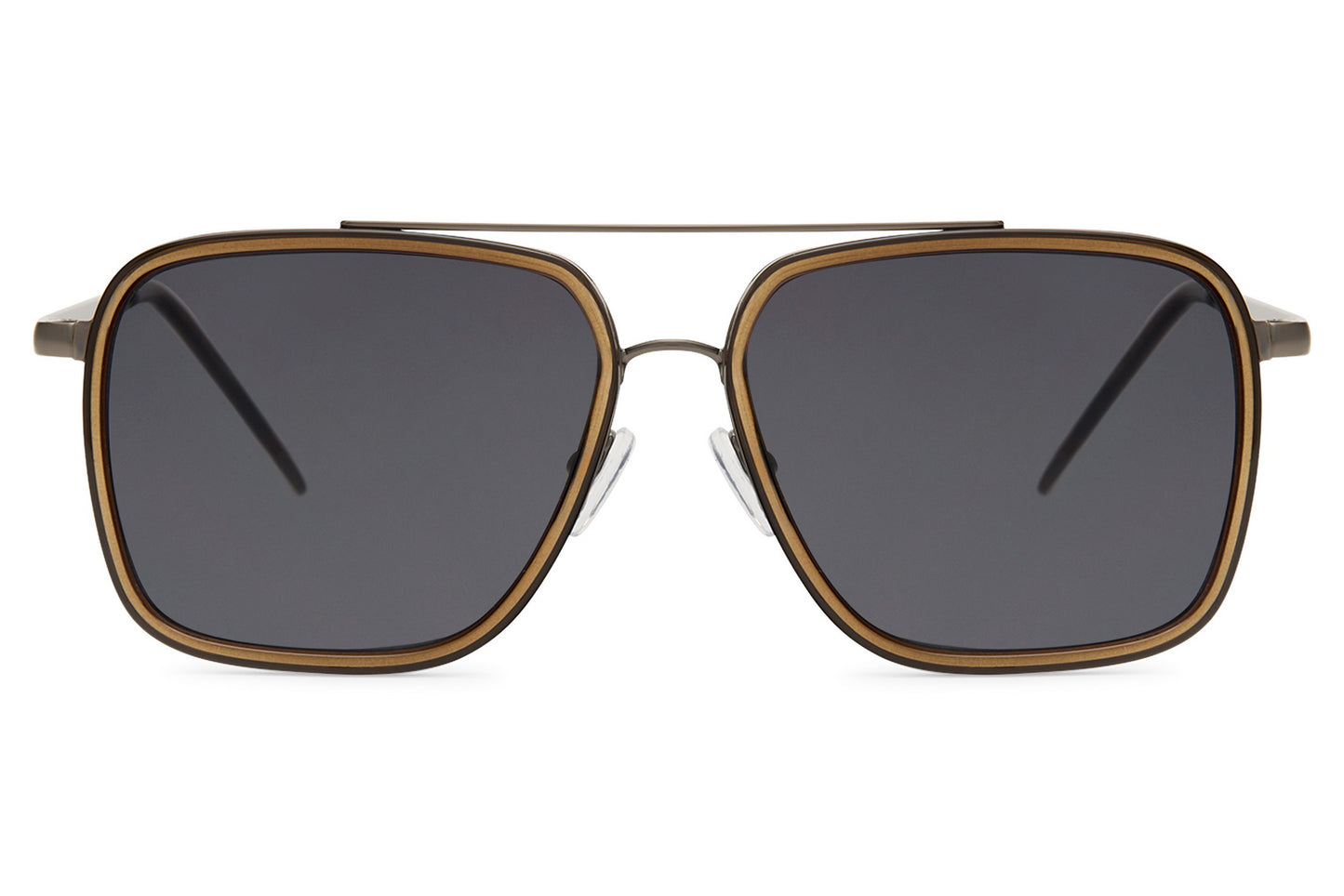 Square aviator sunglasses with dark grey lenses and structured frame, suitable for both casual and refined styling