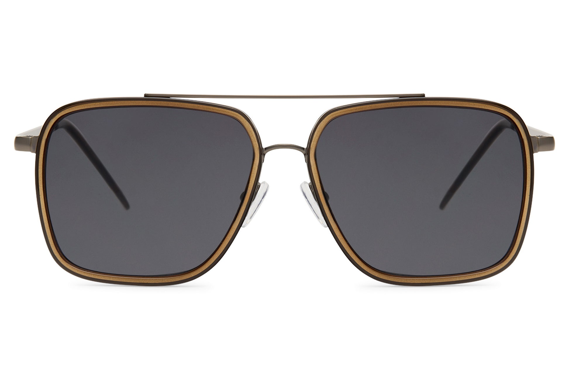 Square aviator sunglasses with dark grey lenses and structured frame, suitable for both casual and refined styling