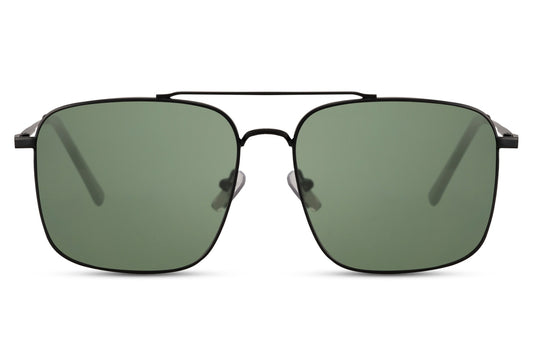Square aviator sunglasses with green lenses and black metal frame, combining classic aviator style with a modern square design