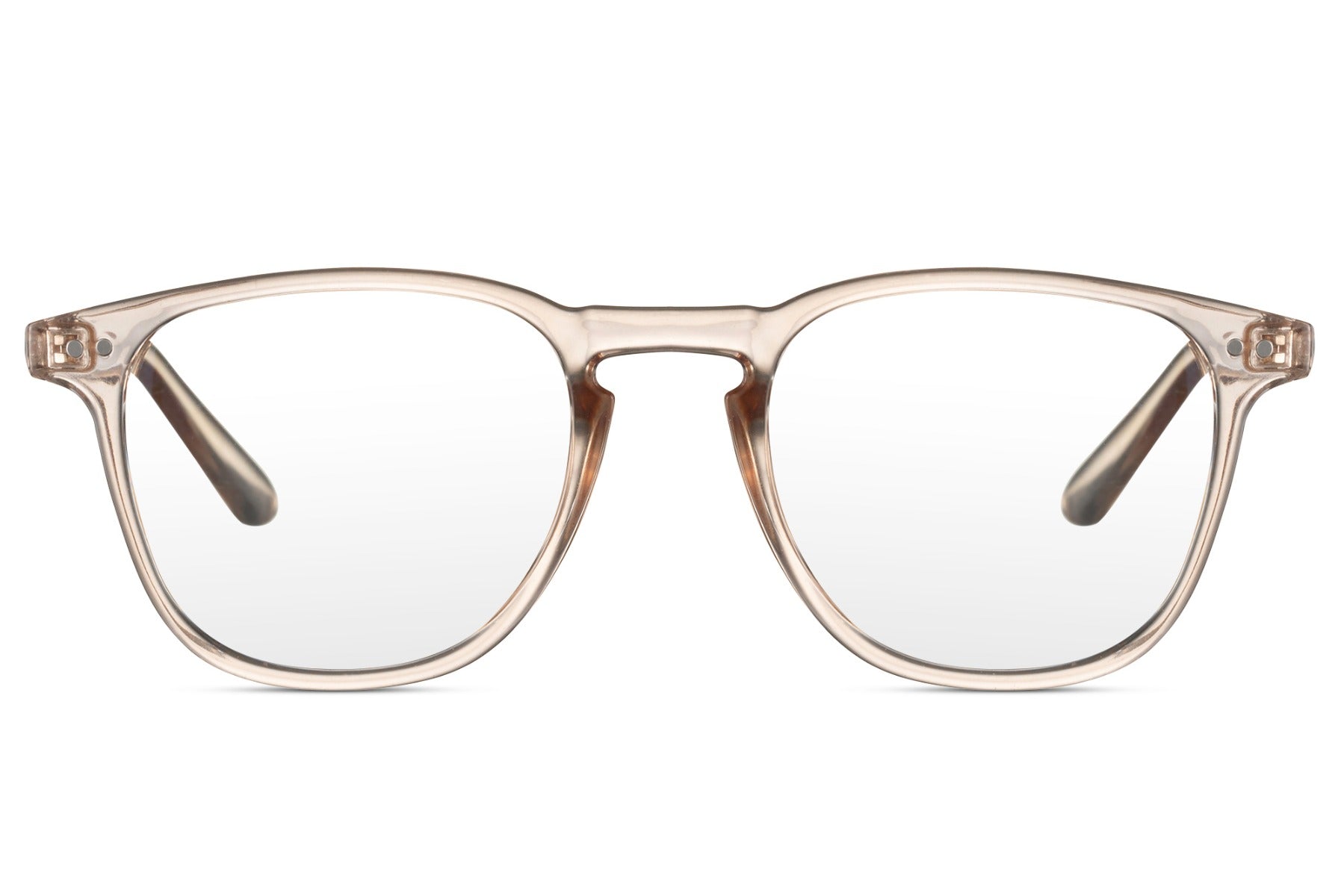 Unisex square blue light specs with transparent beige frame for computer work, reading and digital screen protection