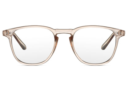 Unisex square blue light specs with transparent beige frame for computer work, reading and digital screen protection
