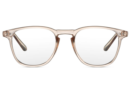 Unisex square blue light specs with transparent beige frame for computer work, reading and digital screen protection