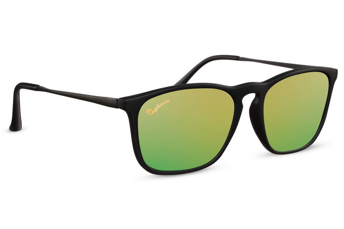 Unisex square mirrored sunglasses with reflective green lenses and lightweight black frame for driving and travel