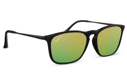 Unisex square mirrored sunglasses with reflective green lenses and lightweight black frame for driving and travel