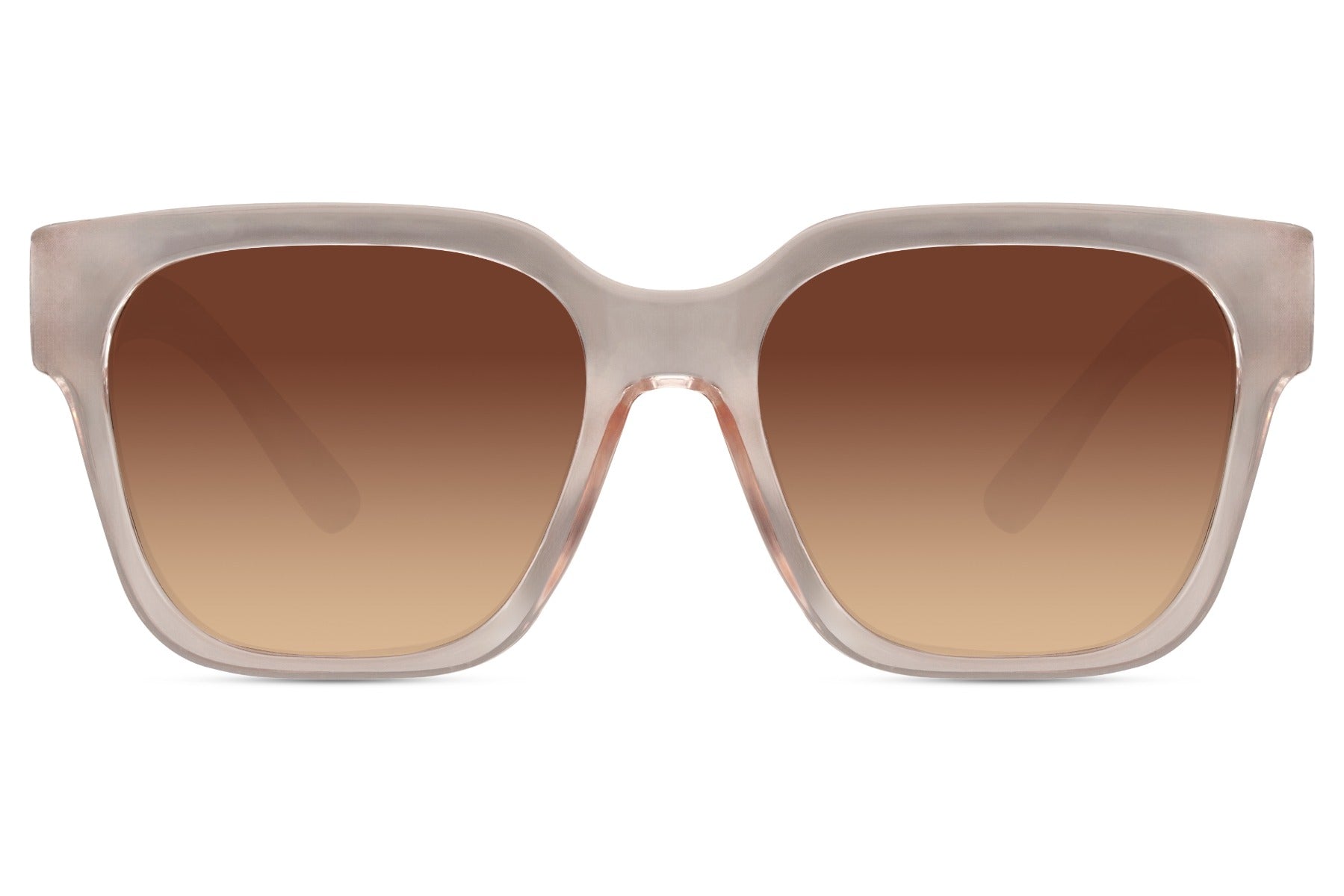 Square oversized sunglasses with neutral frame and tinted lenses, combining eco-friendly materials with clean minimalist styling