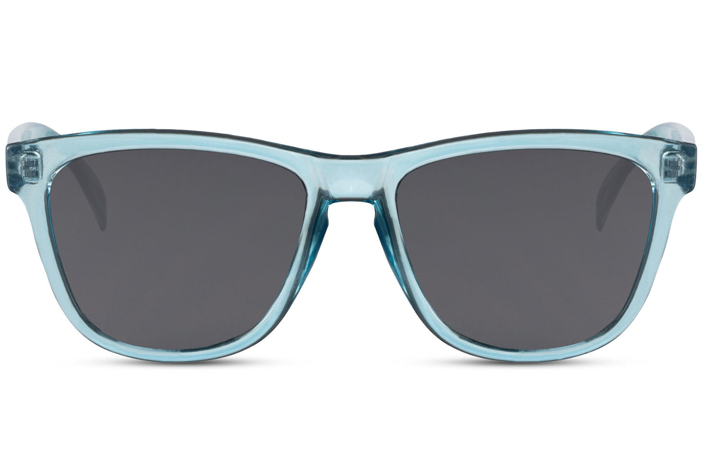 A pair of square-framed sunglasses with blue lenses and a blue frame