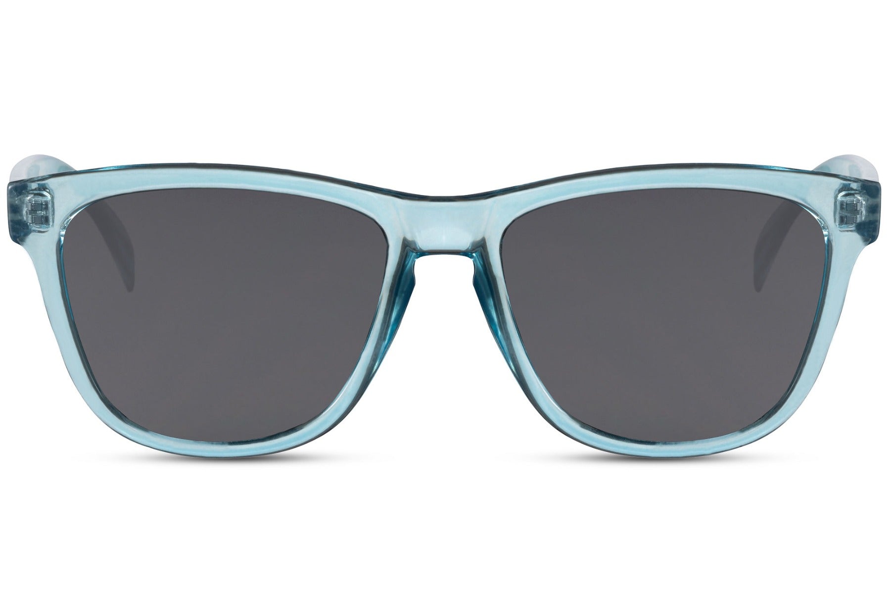 A pair of square-framed sunglasses with blue lenses and a blue frame