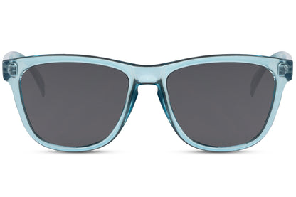 A pair of square-framed sunglasses with blue lenses and a blue frame