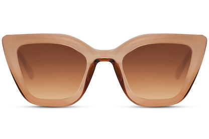 Statement cat eye sunglasses with oversized beige frame and brown gradient lenses, designed to elevate bold outfits with modern feminine style and UV protection