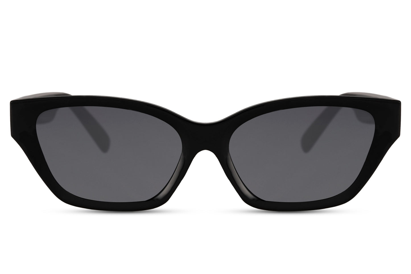 Subtle black cat eye sunglasses with soft angular frame and dark lenses, offering minimalist style, lightweight comfort and everyday UV protection