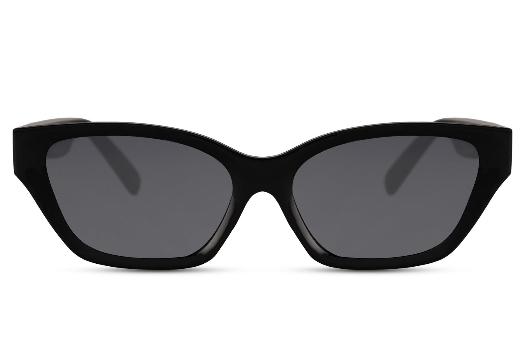 Subtle black cat eye sunglasses with soft angular frame and dark lenses, offering minimalist style, lightweight comfort and everyday UV protection