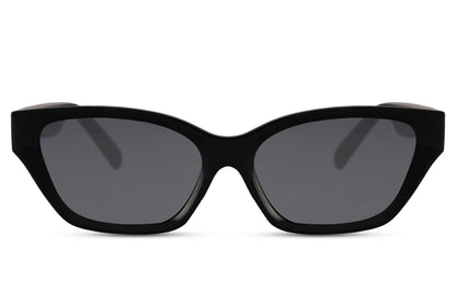 Subtle black cat eye sunglasses with soft angular frame and dark lenses, offering minimalist style, lightweight comfort and everyday UV protection