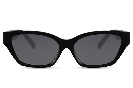 Subtle black cat eye sunglasses with soft angular frame and dark lenses, offering minimalist style, lightweight comfort and everyday UV protection