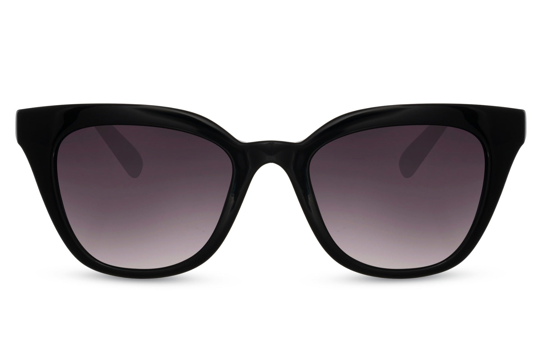 Subtle stroke black cat eye sunglasses with softly curved frame and tinted lenses, designed for refined everyday style with lightweight eco-friendly comfort