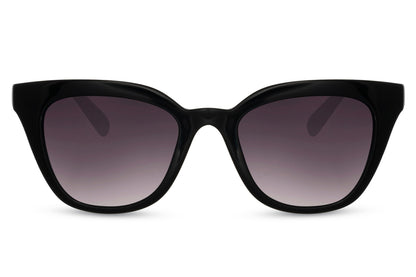 Subtle stroke black cat eye sunglasses with softly curved frame and tinted lenses, designed for refined everyday style with lightweight eco-friendly comfort