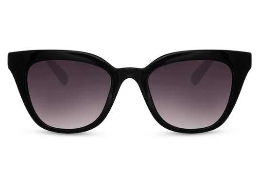 Subtle stroke black cat eye sunglasses with softly curved frame and tinted lenses, designed for refined everyday style with lightweight eco-friendly comfort