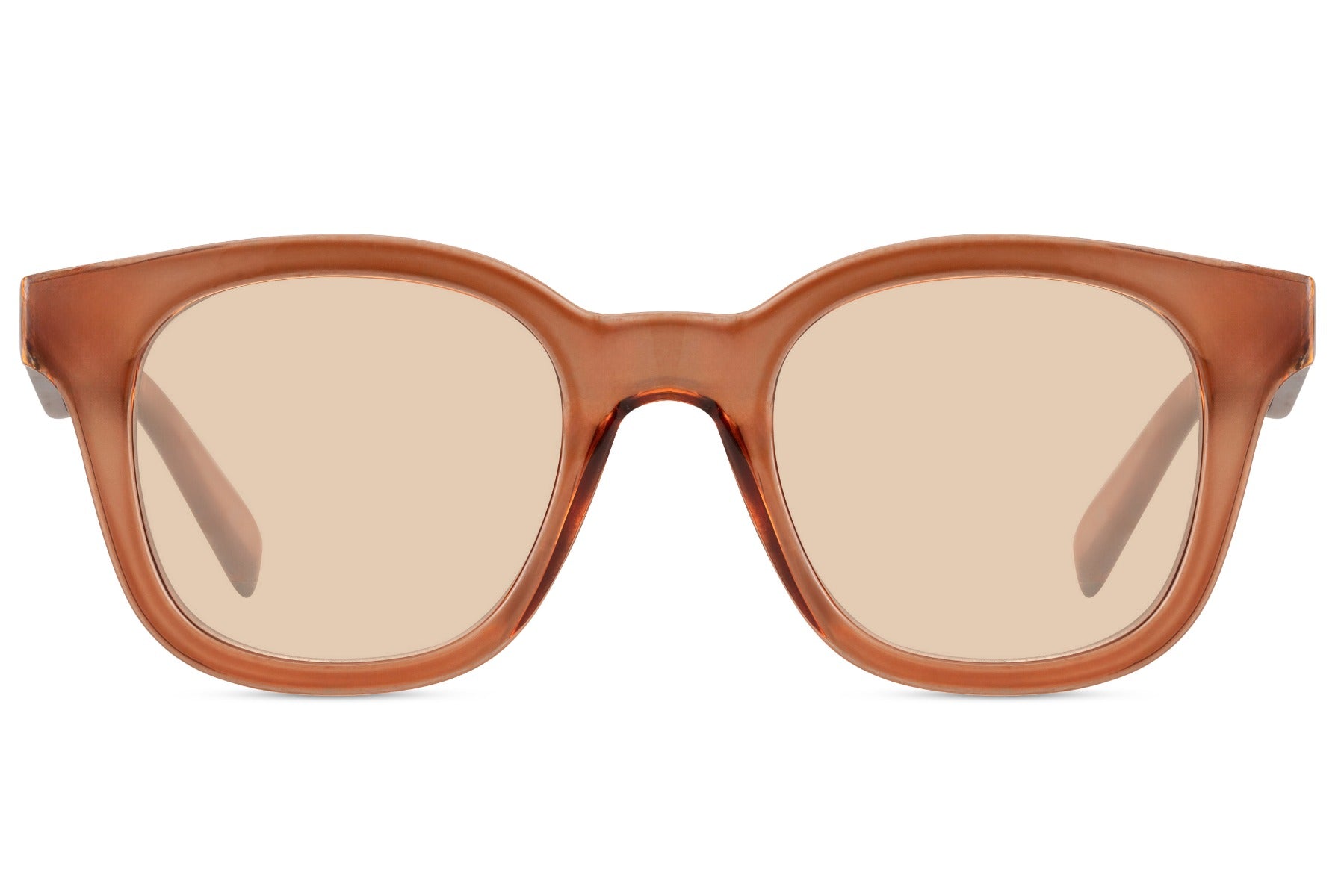 Sustainable square sunglasses with light brown frame and soft tinted lenses for casual lifestyle and travel wear