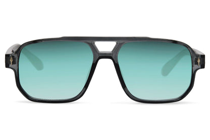Teal lens aviator sunglasses with retro design, offering versatile styling for both everyday and travel outfits