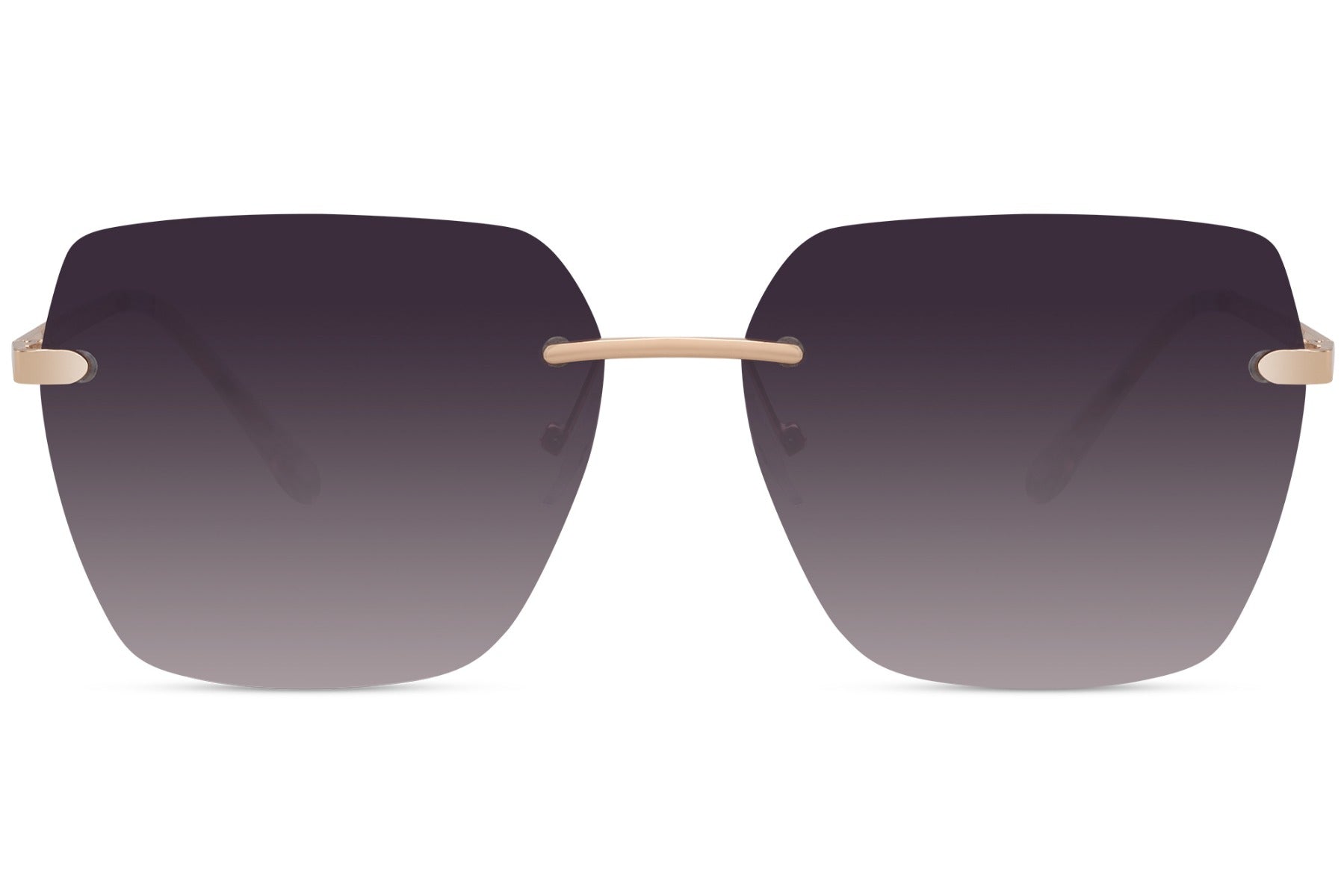 Tinted rimless oversized sunglasses with purple gradient lenses and gold metal frame, minimalist luxury sunglasses for women perfect for summer outfits, travel and modern fashion styling