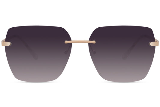Tinted rimless oversized sunglasses with purple gradient lenses and gold metal frame, minimalist luxury sunglasses for women perfect for summer outfits, travel and modern fashion styling