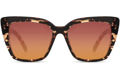 Retro tortoiseshell cat eye sunglasses with warm amber lenses, offering a stylish vintage look with modern comfort