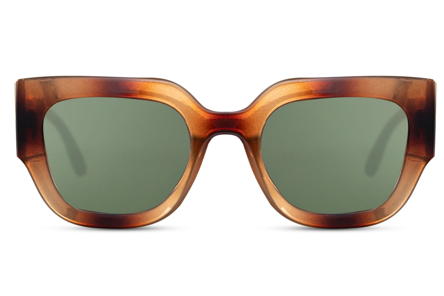 Tortoiseshell cat eye sunglasses with green lenses combining retro influence and modern bold design