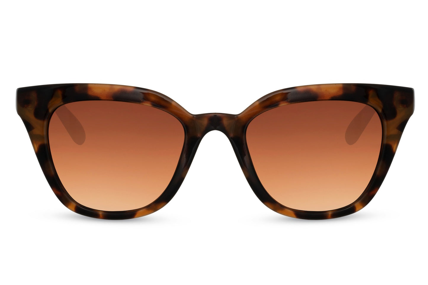 Tortoiseshell cat eye sunglasses with soft stroke design and warm tinted lenses, blending classic pattern with contemporary styling