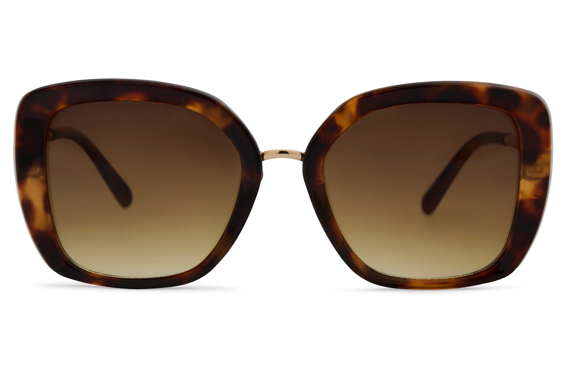 Tortoiseshell cat eye sunglasses with tinted lenses and structured oversized frame