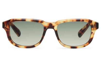 tortoiseshell frame wayfarer sunglasses with green tinted lens 