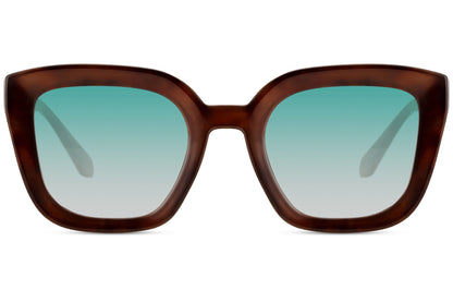 Transparent brown cat eye sunglasses with geometric frame and tinted lenses for a modern retro style