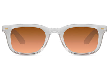 Unisex transparent frame square sunglasses with brown tinted lenses and lightweight recycled frame for modern casual fashion