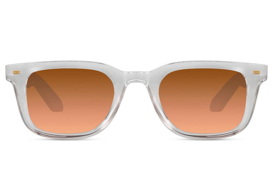 Unisex transparent frame square sunglasses with brown tinted lenses and lightweight recycled frame for modern casual fashion