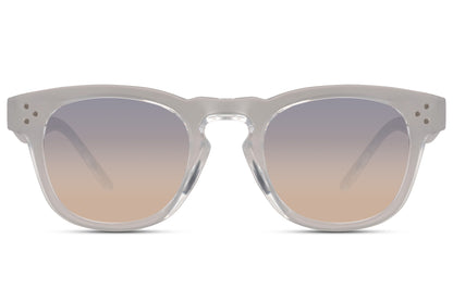 Transparent retro sunglasses with gradient lenses and eco friendly recycled frame for minimalist casual outfits