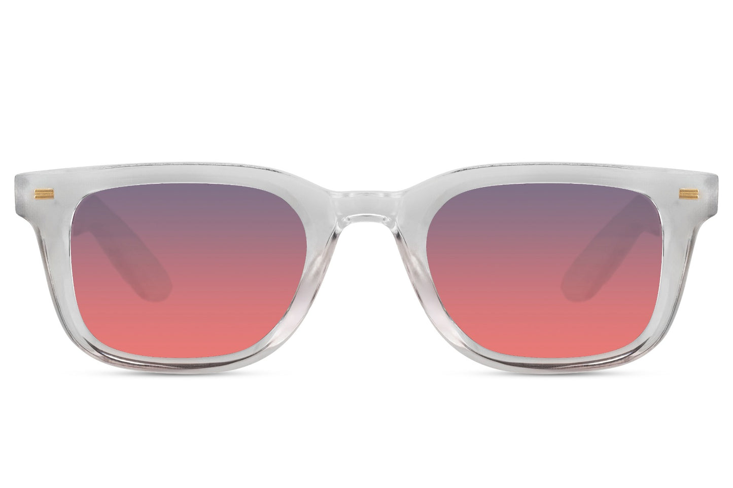Transparent square sunglasses with pink tinted lenses and modern recycled frame for trendy everyday outfits
