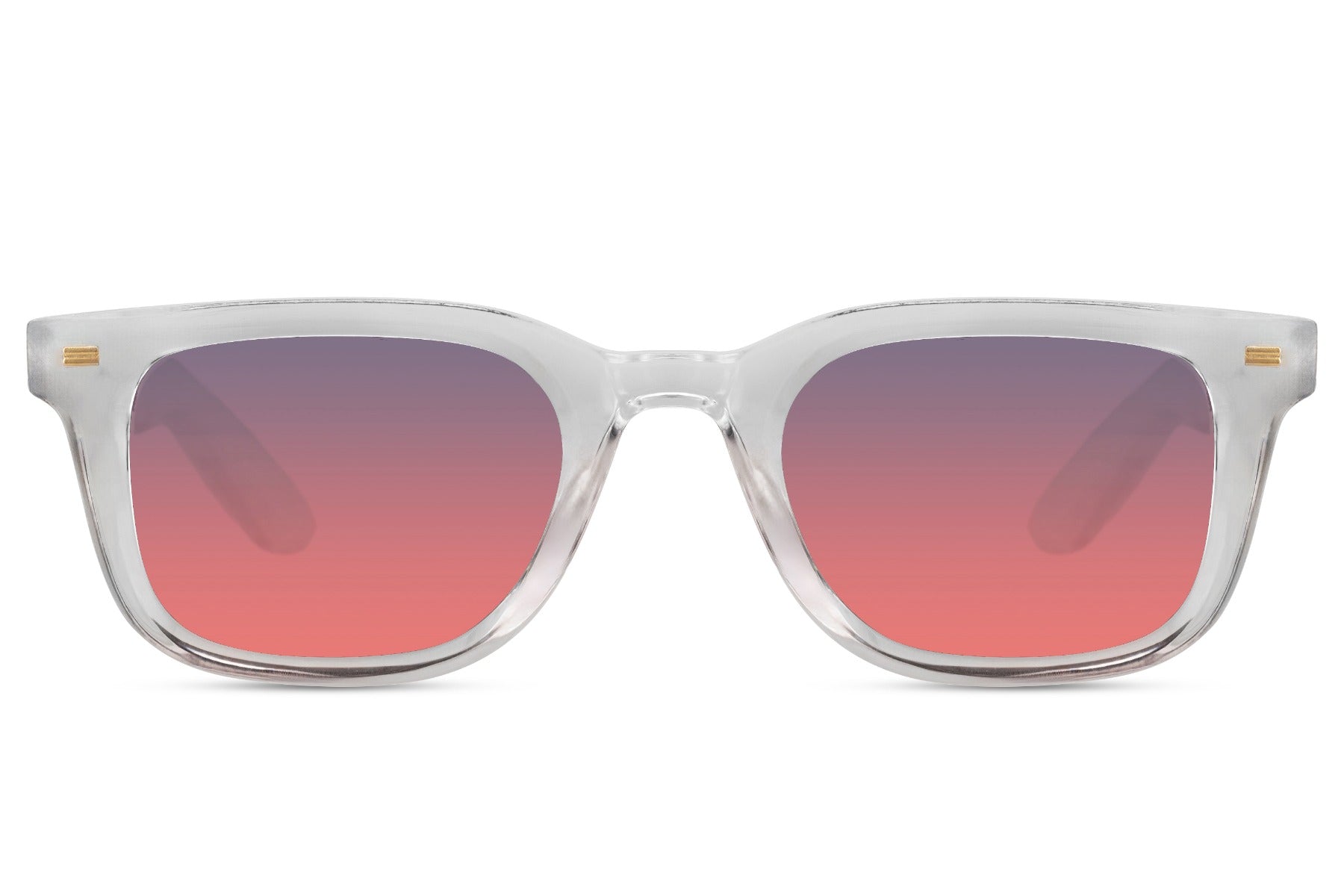 Transparent square sunglasses with pink tinted lenses and modern recycled frame for trendy everyday outfits