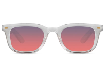 Transparent square sunglasses with pink tinted lenses and modern recycled frame for trendy everyday outfits