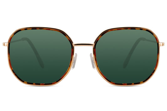 UK inspired tinted square sunglasses for women with green lenses and tortoiseshell frame for modern fashion styling