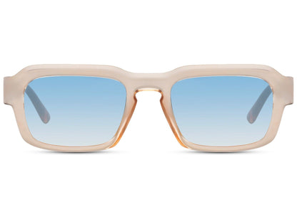 Unisex eco rectangle sunglasses with beige frame and blue lenses by Sunglass Station, lightweight sustainable eyewear with a clean modern style