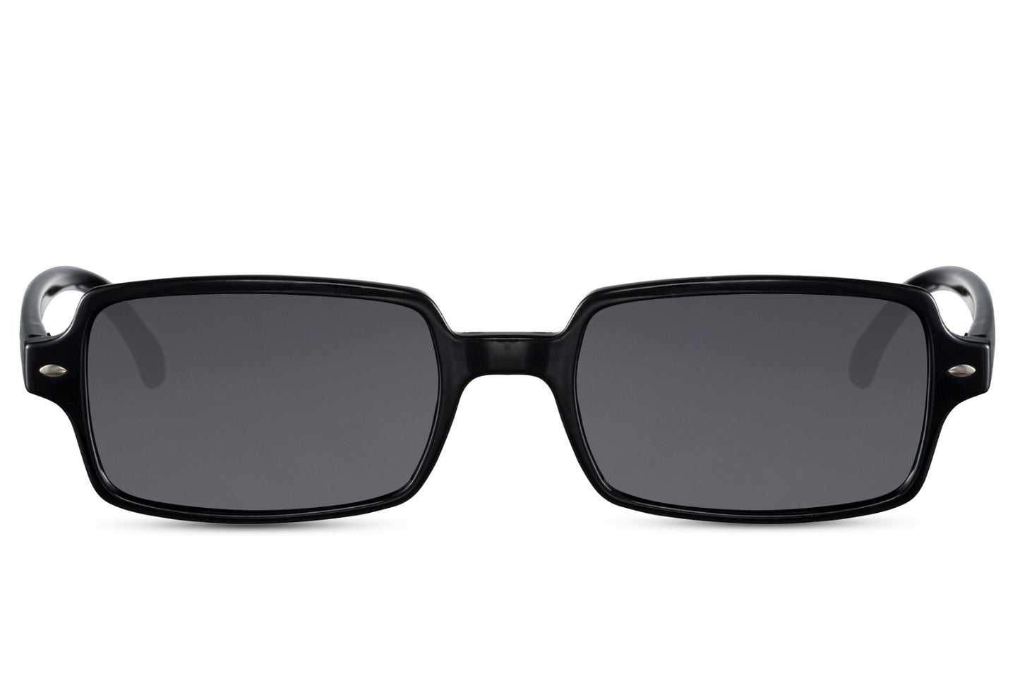 Eco sleek rectangle sunglasses with black frame and dark lenses by Sunglass Station, unisex lightweight eyewear made from recycled materials with UV protection, available with free shipping across the UK and Europe
