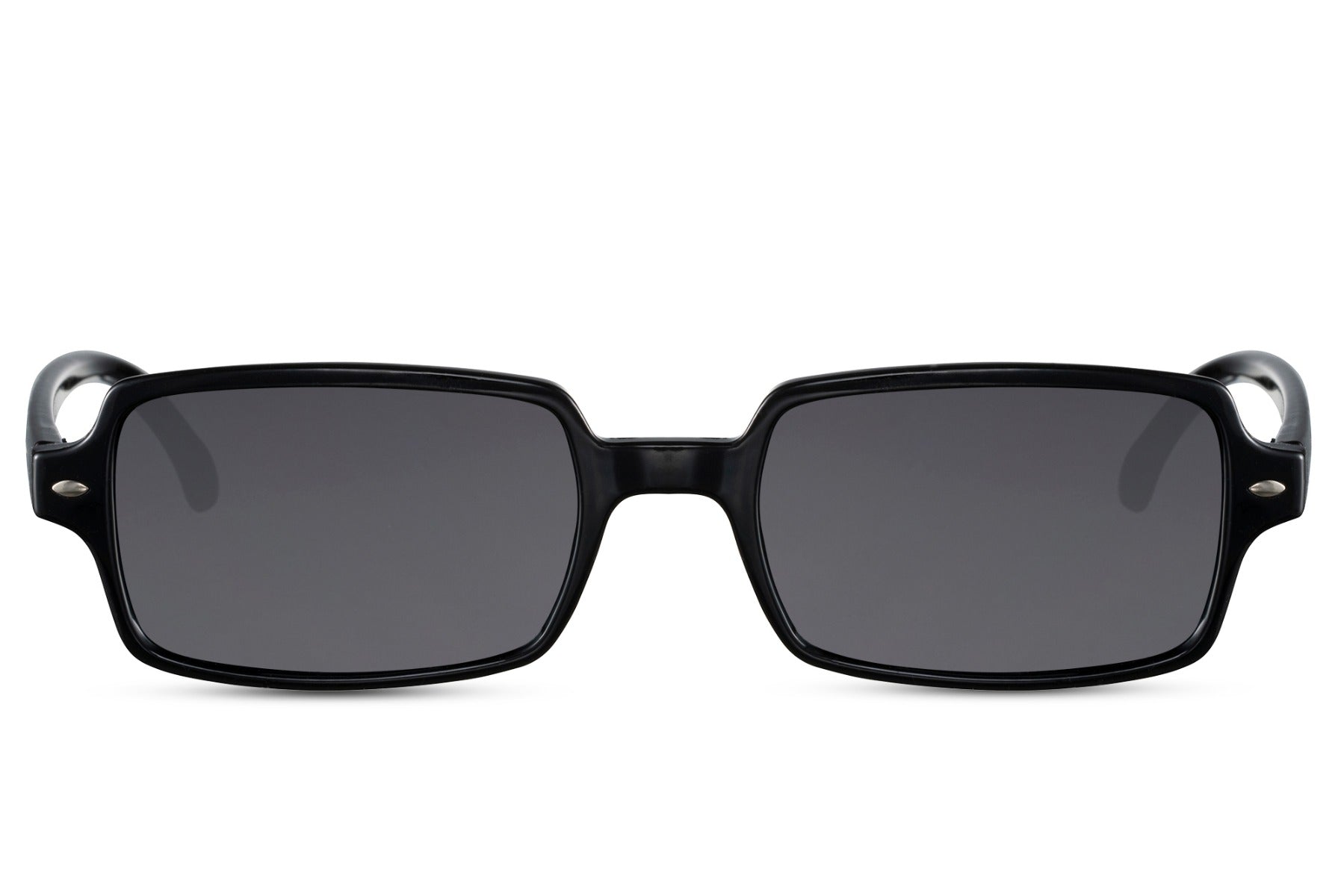 Eco sleek rectangle sunglasses with black frame and dark lenses by Sunglass Station, unisex lightweight eyewear made from recycled materials with UV protection, available with free shipping across the UK and Europe