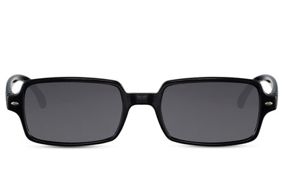 Eco sleek rectangle sunglasses with black frame and dark lenses by Sunglass Station, unisex lightweight eyewear made from recycled materials with UV protection, available with free shipping across the UK and Europe