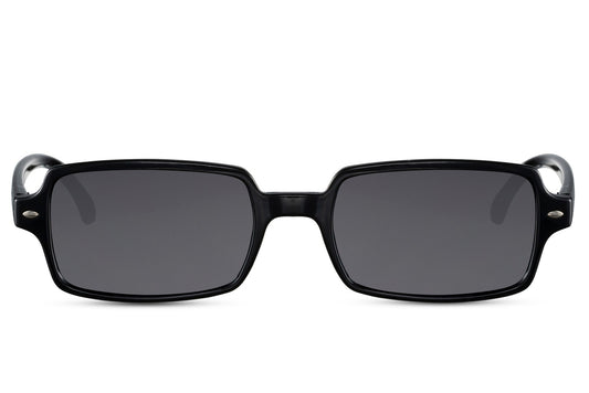 Eco sleek rectangle sunglasses with black frame and dark lenses by Sunglass Station, unisex lightweight eyewear made from recycled materials with UV protection, available with free shipping across the UK and Europe