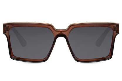 Rectangle sunglasses with brown frame and dark lenses by Sunglass Station, eco-friendly unisex sunglasses with bold rectangular shape