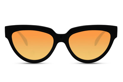 Vintage black cat eye sunglasses with orange gradient lenses and classic curved frame, offering timeless feminine style with UV protection