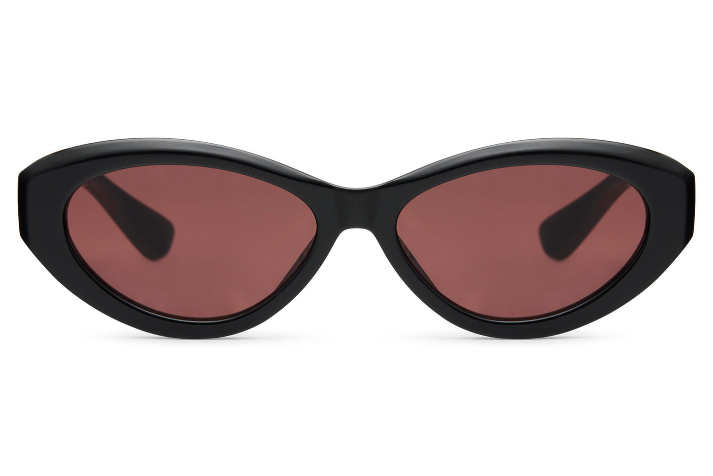 Vintage black cat eye sunglasses with red tinted lenses and sleek curved frame, designed for retro inspired everyday styling with UV protection