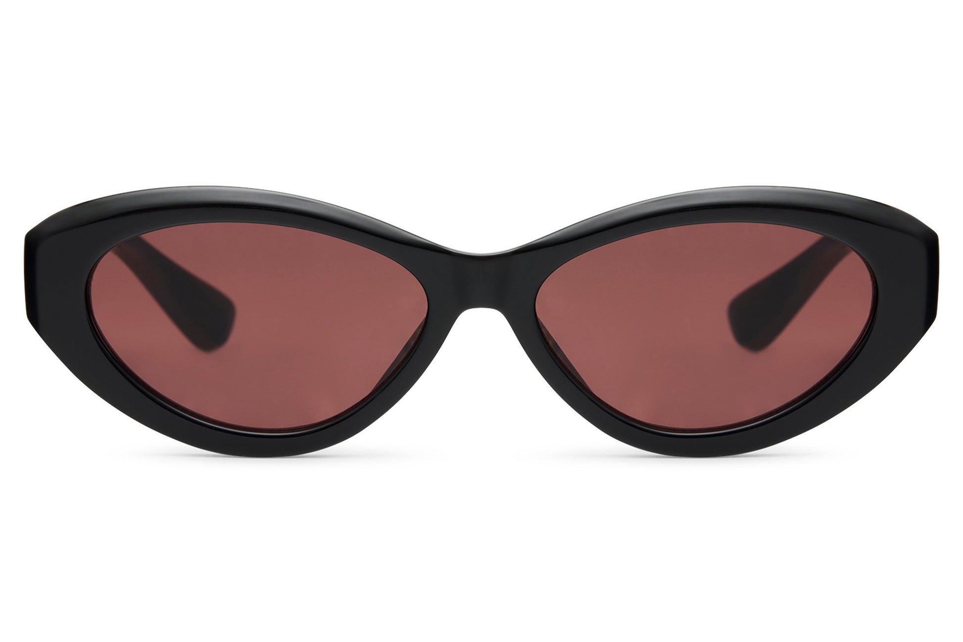 Vintage black cat eye sunglasses with red tinted lenses and sleek curved frame, designed for retro inspired everyday styling with UV protection