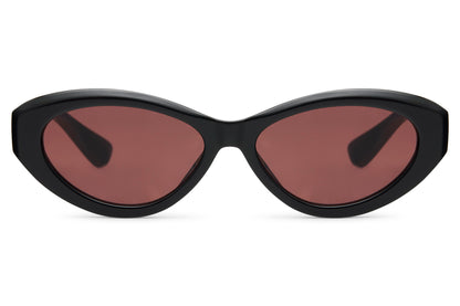 Vintage black cat eye sunglasses with red tinted lenses and sleek curved frame, designed for retro inspired everyday styling with UV protection