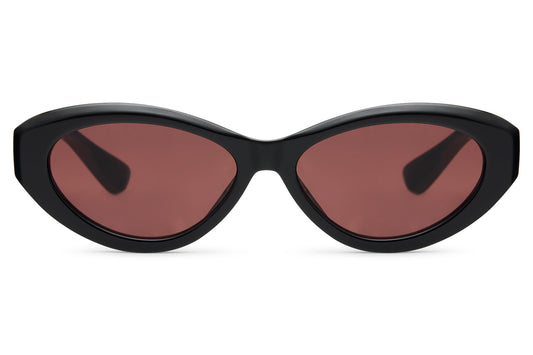 Vintage black cat eye sunglasses with red tinted lenses and sleek curved frame, designed for retro inspired everyday styling with UV protection